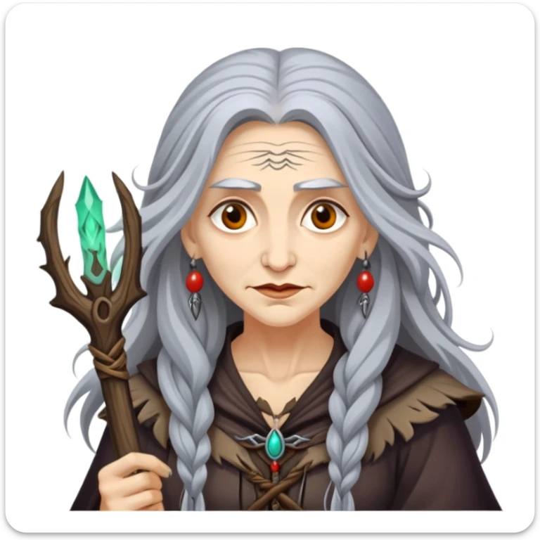 Baba Yaga sorceress woman with long wild hair, forest background sticker