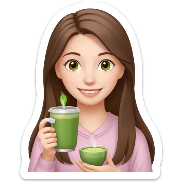 happy white long brunette hair girl with hazel eyes wearing light pink who is holding matcha sticker