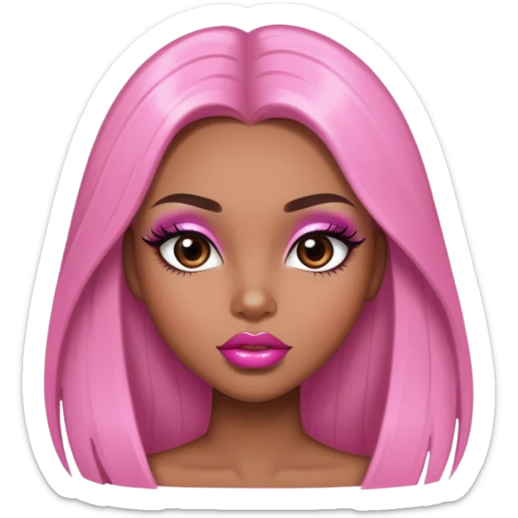 Glamourous, light brown skin tone, very beautiful girl, with big plump pink shiny lips, long long lashes, black straight smooth silky long hair, straight parting hair, brown eyes sticker