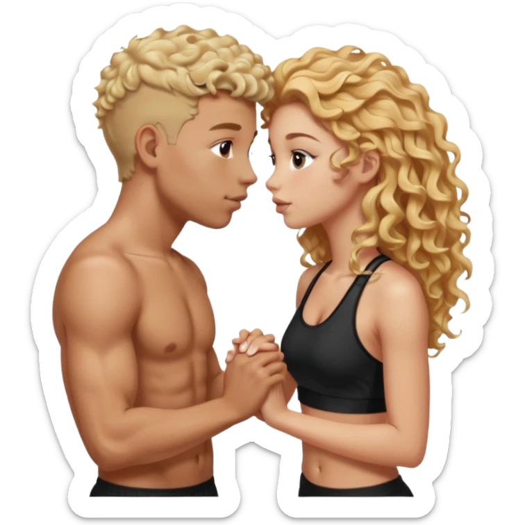 athletic man, high top fade, blonde curly hair only top only, no shirt and Athletic girl with long light RED wavy long hair and black sports, Put them together kissing, or holding hands give the girl red hair  sticker