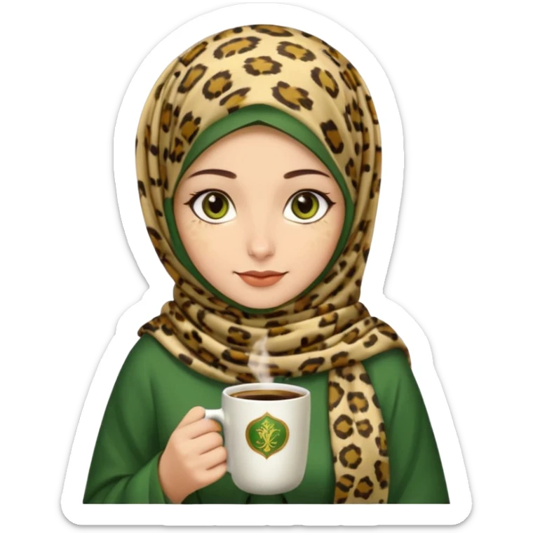 Turkish beautiful finish Konya girl green brown eyes with beige and light yellow leopard hijab islamic dress and had on her hand Turkish coffee sticker