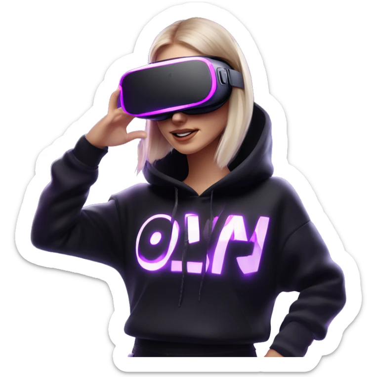 Russian girl wearing black hoody with violet letters "OMG", in vr headset oculus quest2. Dancing. Cyberpunk style. Violet neon. sticker
