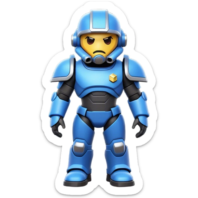 Clash of Clans aesthetic: Cinematic Playful Terran Marine Hero Emoji, rendered in a 3D vector-style similar to standard emojis with minimal shading and bold, simplified shapes. A compact, heroic isometric figure clad in futuristic power armor with signature energy accents, softly glowing with a cosmic battle charm. Simplified yet unmistakably iconic, highly detailed and consistent, glowing with a soft radiant shine and high gloss. Stylized with a touch of interstellar valor and a soft glowing outline, capturing the essence of an elite space warrior with a friendly, playful manner! sticker