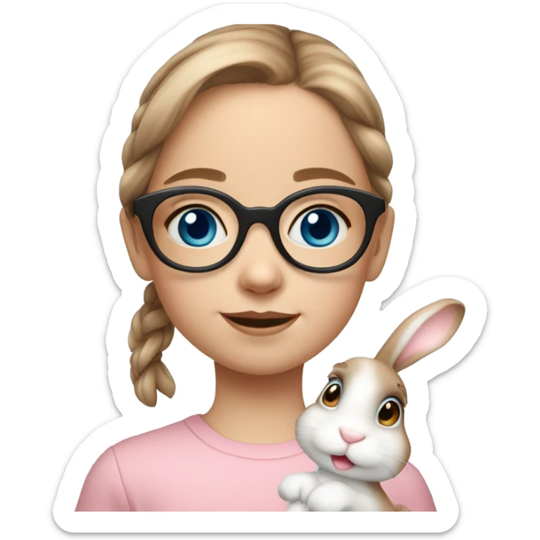 9 year old girl. Blue eyes. Rosy cheeks. Light brown medium length hair. Fair skin. Blue eyes. Glasses. Freckles on nose. Light pink lips. Holding white bunny sticker