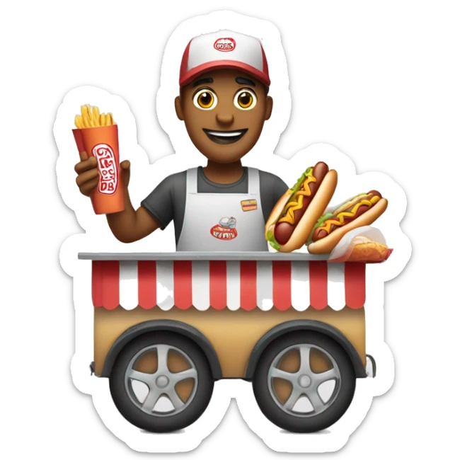 hot dog vendor holding a hot dog in his hand with a hot dog stand in the background with a white background sticker