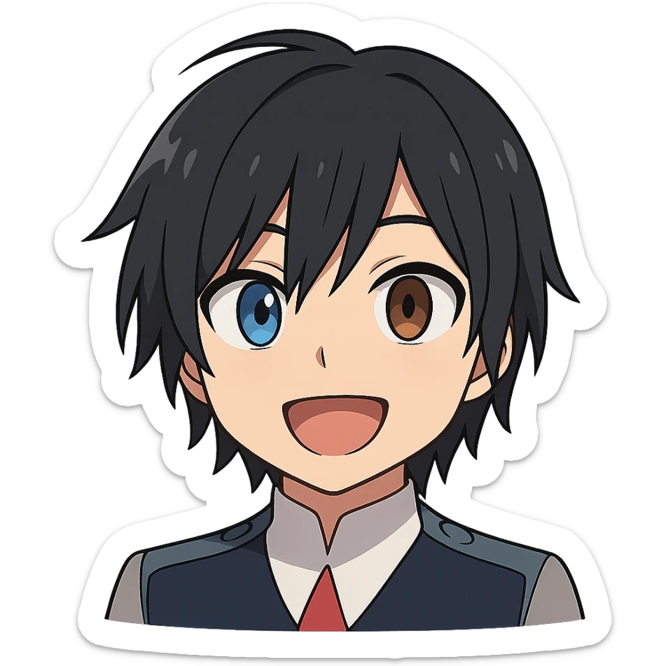 Anime-style emoji combining Hiro from 'Darling in the Franxx', Miamur from 'Horimiya', and Kanata Asai from 'Ovation Moments' sticker