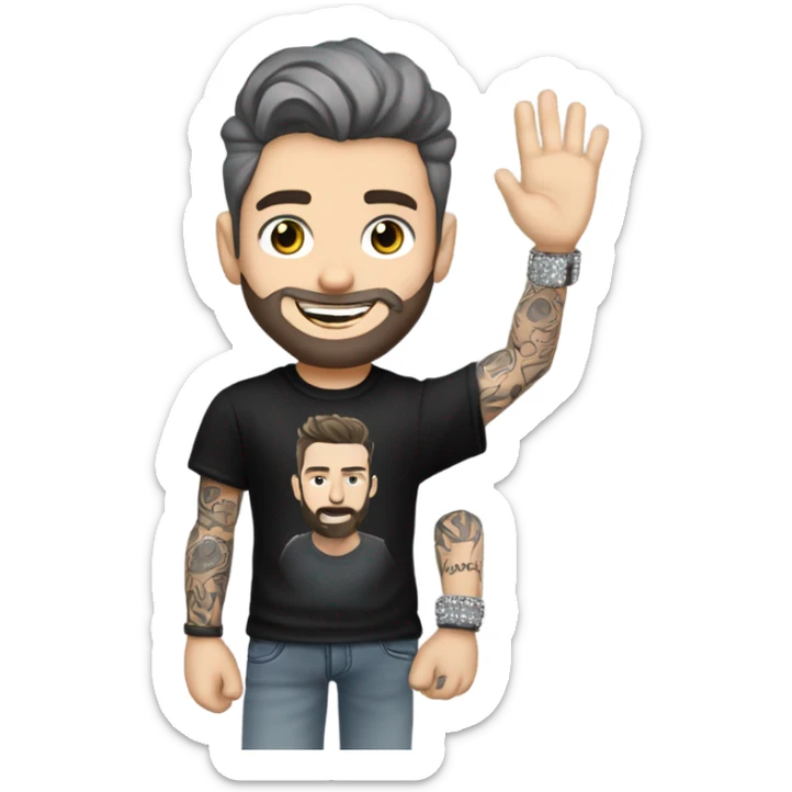 Younger white male with dark brown hair with grey highlights, a beard, and tattoos. He is wearing a diamond coated white gold necklace and a black punk band t-shirt while waving hello sticker