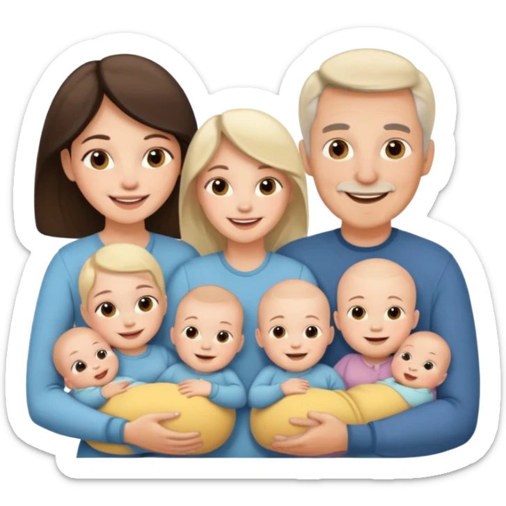 Family emoji with a mom and a dad, an older sister and two young twins sticker