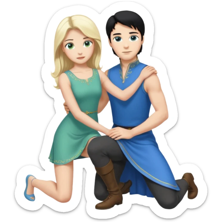 prince, upright, black Hair, blue eyes, blue garment,  Woman, blonde Hair, Green eyes, bending knee, sleveless, white Dress, sticker