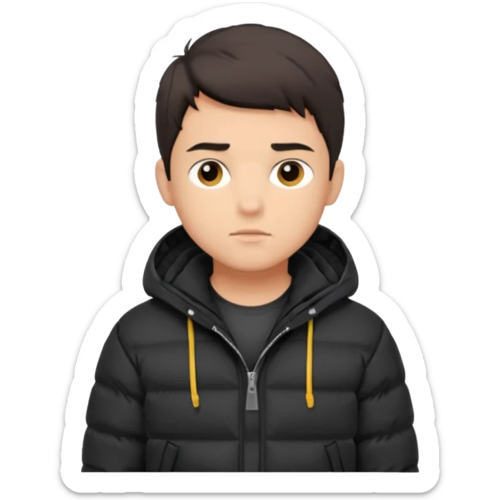 Style anchor + Young adult male American, medium skin, short dark hair, black puffer jacket over hoodie, neutral focused. sticker