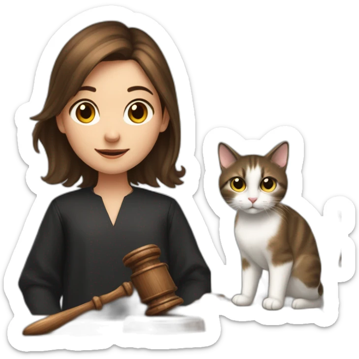 a young girl with brown hair grabbing a Gavel like a judge, and with two cats behind her, one black and the other one snowshoe sticker
