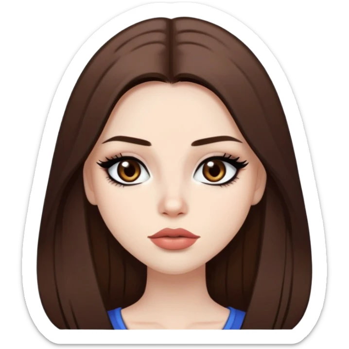 pretty baddie, brown straight hair, cute lips, pale skin, long hair, dark brown eyes, bold black eyeliner sticker