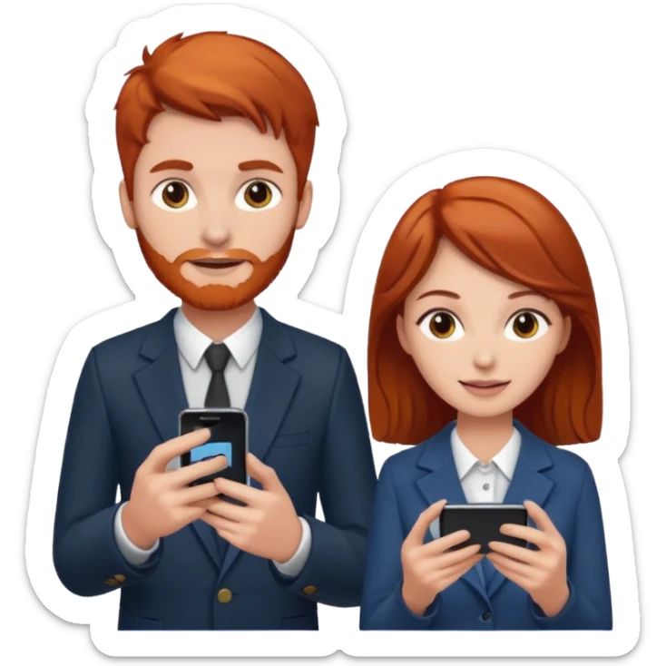 Red headed man and brown haired girl selling phones sticker