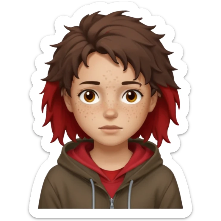 Hobo tomboy with light skin, freckles, dark brown shoulder-length hair in a messy style, brown eyes, dark brown hoodie, dull red shirt. sticker