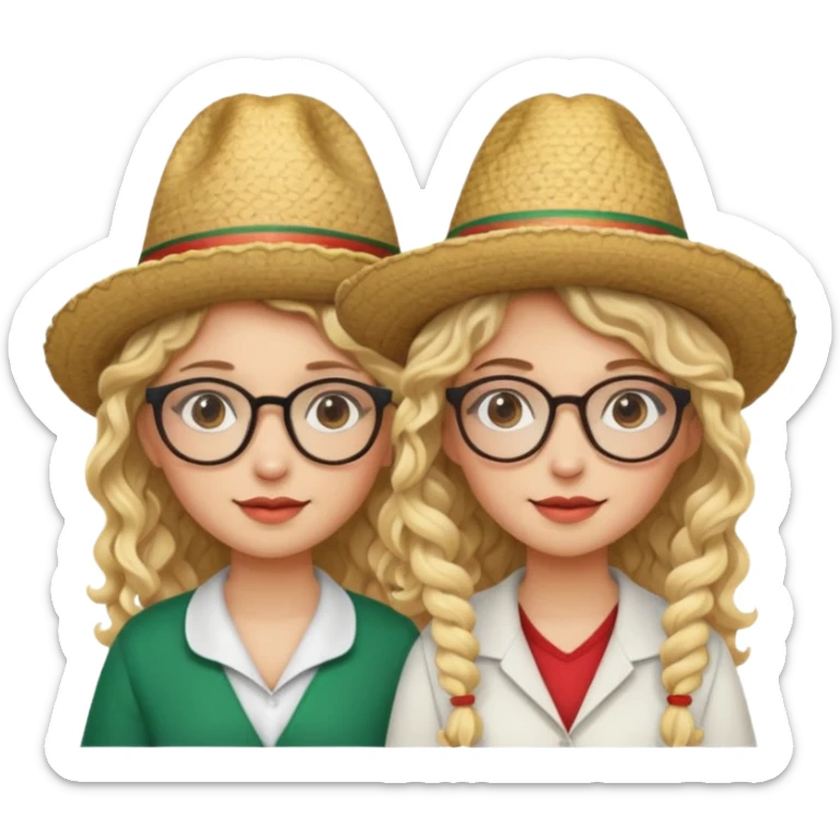 2 blonde girls, one with curly hair and glasses and the other with straight hair and glasses. both wearing Mexican hats sticker