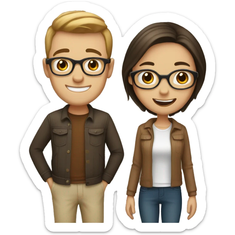 Happy couple together, girl with dark hair, blue eyes and glasses. Boy with light brown hair and brown eyes  sticker
