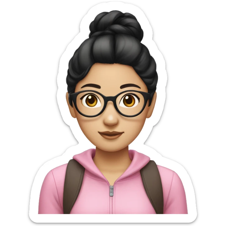 "An Asian girl with black hair, wearing glasses, and dressed in a pink outfit. Her hair is styled in two buns on either side." sticker