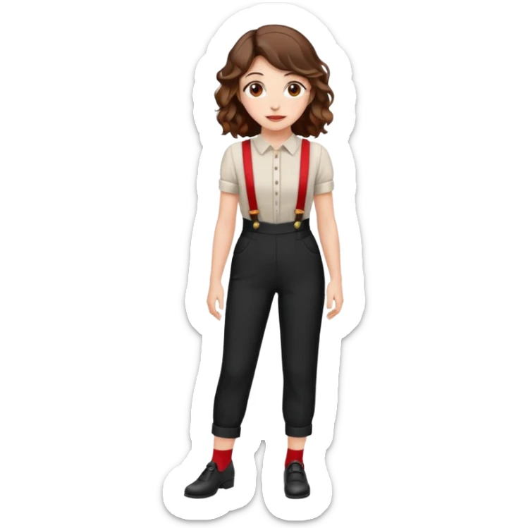 Woman with wavy brown hair and hazel eyes wearing black dress pants with red suspenders sticker