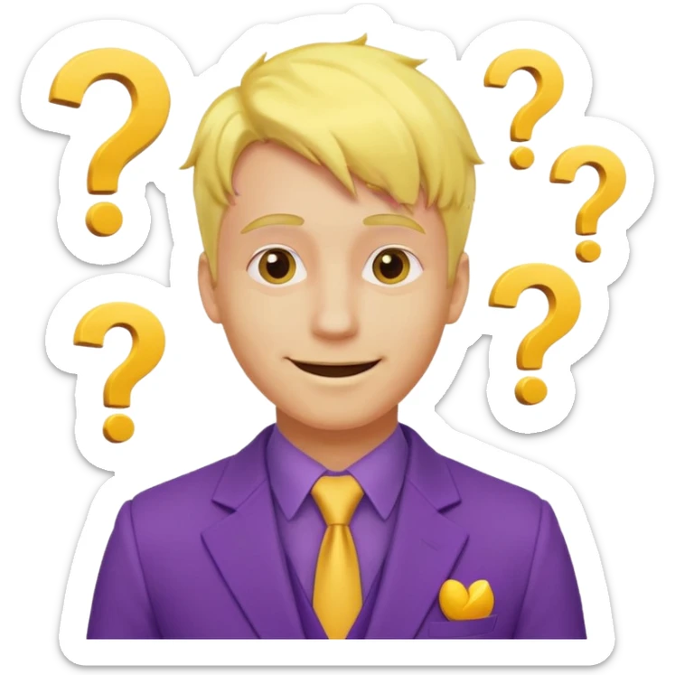 make his skin and hair yellow, he's smirking and looking in the left corner, add question marks abobe his head sticker