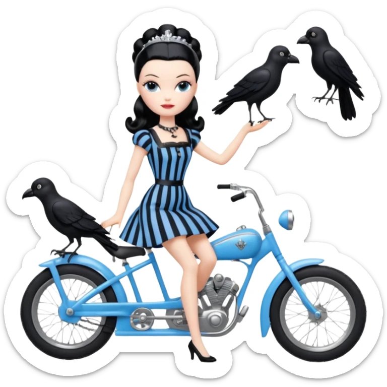 1920s coal hair hotrod Silkstone Marie Antoinette Barbie Wednesday Addams from academy in a blue and black vertically-striped classic dress. riding hot rod bikes with crows sticker