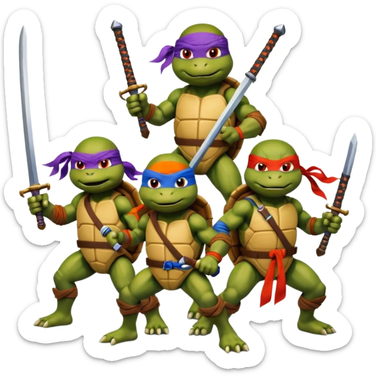Vector emoji sticker of 4 Ninja Turtles: Leo (blue/swords), Raph (red/sais), Donnie (purple/staff), and Mikey (orange/nunchucks). Action poses, NYC rooftop, pizza box, bold comic style, white border. ONLY 4! sticker