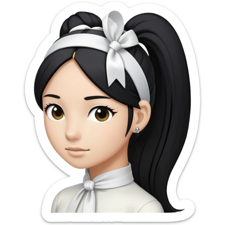 Cabelos: Longos, lisos e pretos, sempre presos em um rabo de cavalo alto com uma fita branca. Fita da testa (headband): Um dos itens mais icônicos. sticker