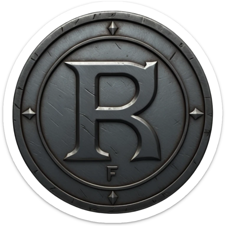 Minimal emoji, gothic metal coin made of black steel, engraved number f at the center, ancient industrial aesthetic, worn metal texture, no glow, no neon, flat emoji design, centered, transparent background sticker