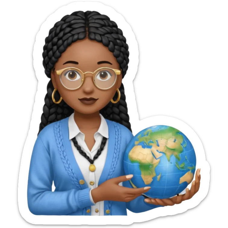 a-young-woman-wearing-fine-gold-round-glasses-and-black-hair-in-several-box-braids,-she-has-light-black-skin,-and-she's-wearing-a-white-shirt-with-an-blue-cardigan-on-top.-she's-holding-a-globe-in-one-hand.png sticker
