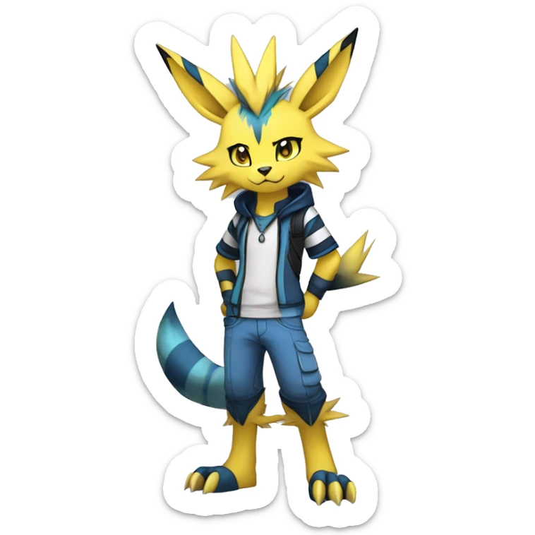 Anthro Edgy Cool Zeraora-Lombax-Jolteon-Pokémon-Fakémon with shiny blue stripes Full Body Detailed High Quality sticker