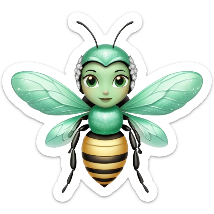 Mint green woman bee with diamond wings, sparkly rhinestones, and glitter accents sticker