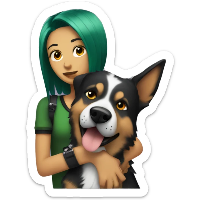punk girl with green and black hair hugging a german shepard dog with floppy ears sticker