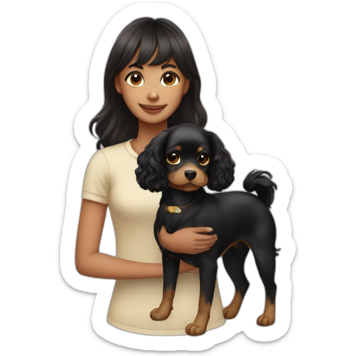 girl with long wavy hair and short bangs with her pet - black chichuachua sticker