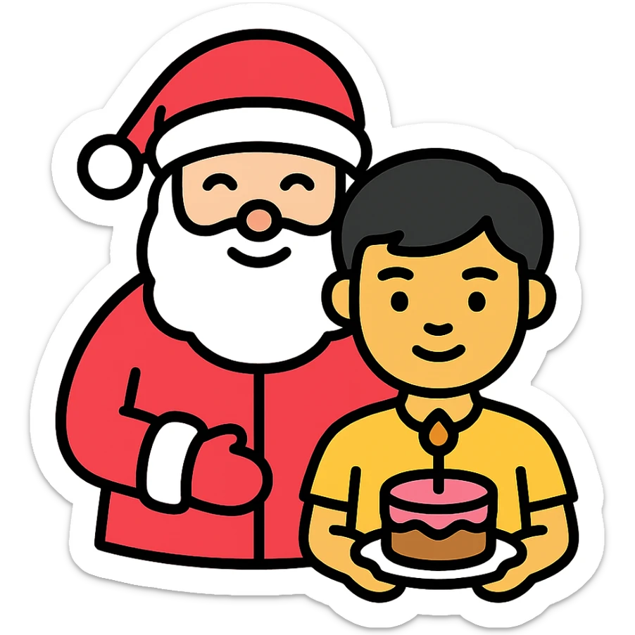 An Asian boy holding a small cake with a candle, Santa Claus in the background sticker