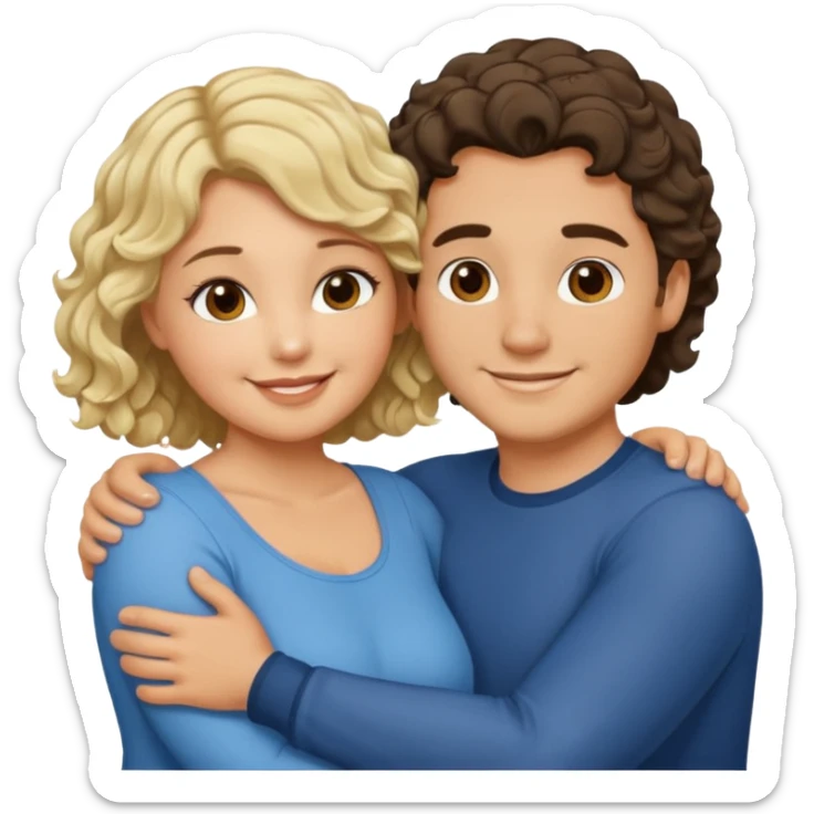 flirty couple hugging. The man short dark brown hair. The woman is chubby and has shoulder-length blond curls sticker