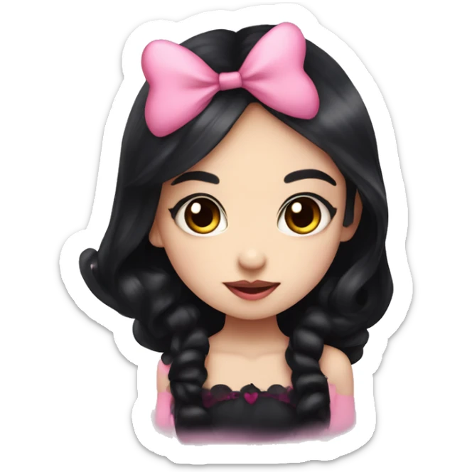 cute vampire girl with long black hair, wearing a pink bow with pink hearts around her  sticker