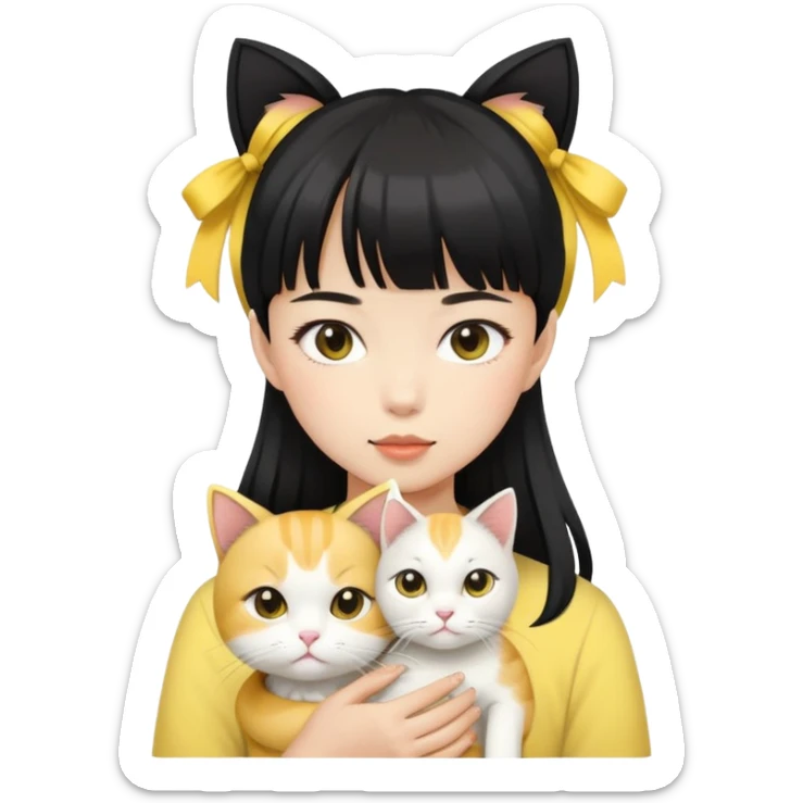 A fair-skinned Asian girl with  bangs and black ponytail hair holding a yellow and withe cat sticker