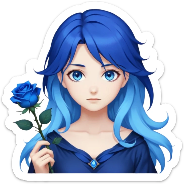 anime girl with dark blue hair, blue rose in hair, glowing blue eyes, Solo Leveling style, sharp features, blue magical aura, 2D emoji sticker