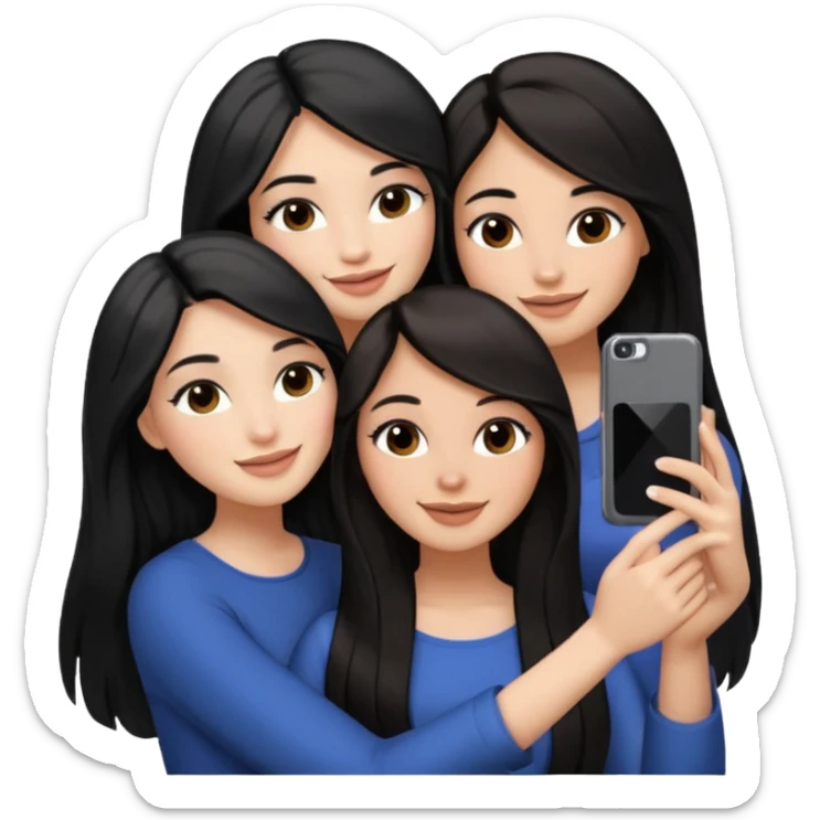 3 girl friends, one with black long hair light skin. one with brown hair long and the last girl one with black with brown medium length hair. Glammed up and hugging  and one talking a selfie and all of them smiling and looking girly all same skin tone  sticker