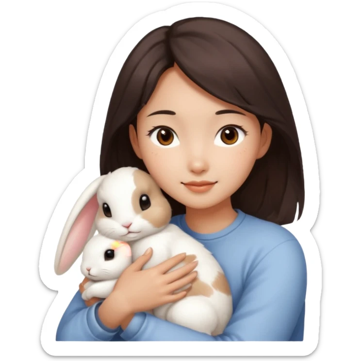 A young Asian woman with dark brown, almost Asian girl with dark brown hair, brown eyes, light Asian skin, hugging a white rabbit with light brown spots, soft and warm atmosphere.
  sticker