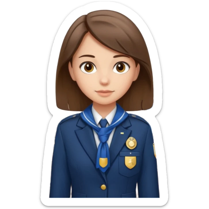 Young girl, straight hair, wearing uniform jacket with hotel name badge, tasteful scarf, stand behind the desk sticker