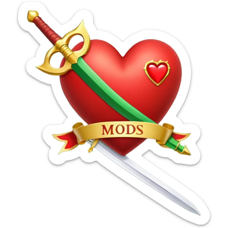 a red heart pierced by a green sword, with the golden text 'MODS' on a white ribbon sticker
