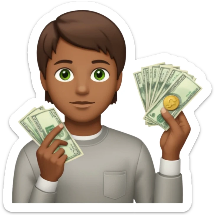 green eyes. handsome. young man. brown skin. brown hair. straight hair. short hair. white race. Holding money with his left hand sticker