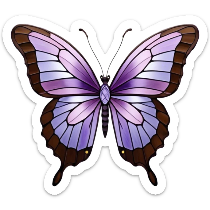a stunningly detailed butterfly with lilac and ice-purple wings, adorned with an elegant mosaic-like pattern resembling stained glass. The wings should display a harmonious blend of swirling and geometric designs, giving them a mystical and artistic feel. The butterfly should have a graceful, elongated body with a subtle metallic sheen, enhancing its enchanting presence. sticker