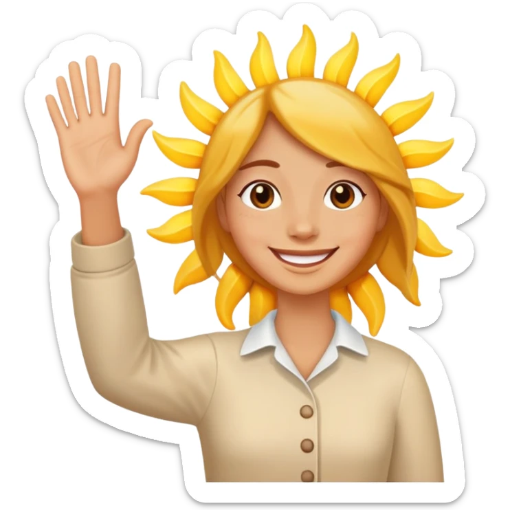 a person waving and saying good morning, sun rising in background, cheerful and friendly sticker