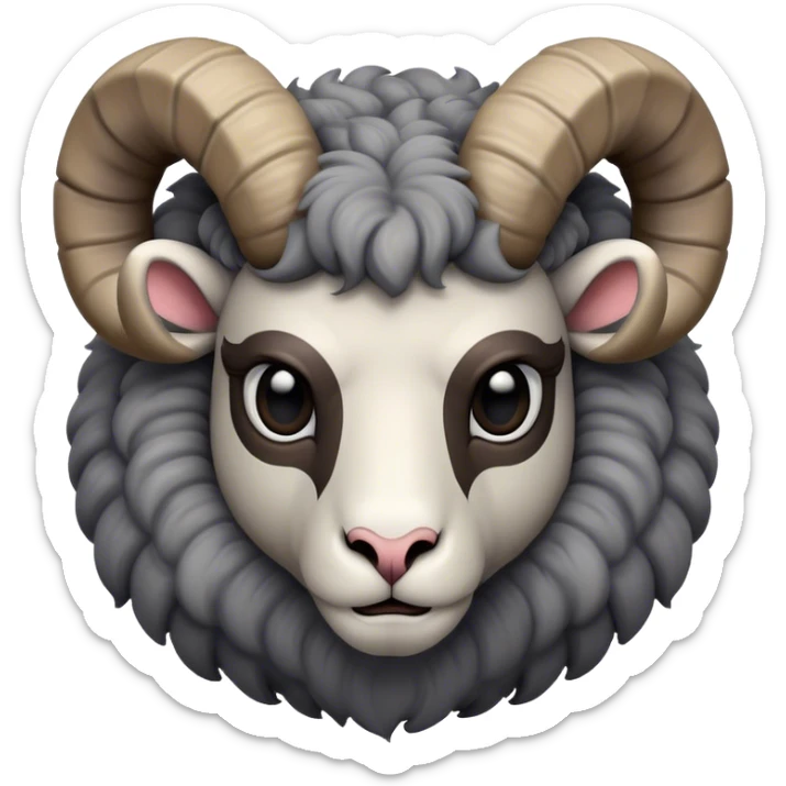 Cinematic Noble Ram Portrait Emoji, Poised and regal, with a sturdy, powerful build and a thick, woolly grey fur adorned with impressively curled horns, deep-set soulful dark eyes, Simplified yet sharp and sophisticated features, highly detailed, glowing with a soft, dignified glow, high shine, intelligent and commanding, stylized with an air of rugged majesty, focused and attentive, soft glowing outline, capturing the essence of a watchful and confident ram, so majestic it feels as though it could charge out of the screen with effortless authority! sticker