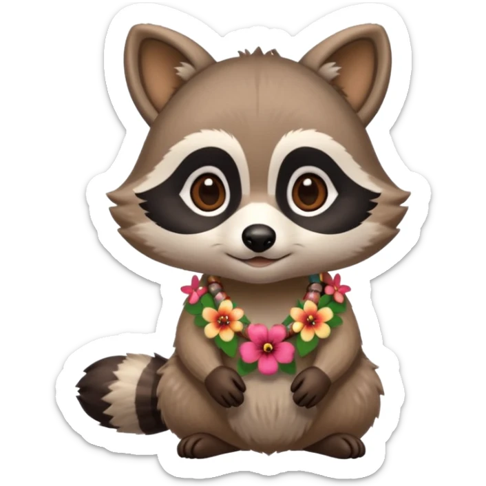 A cute chibi playful raccoon wearing a hawaiian flower necklace, looking festive. sticker