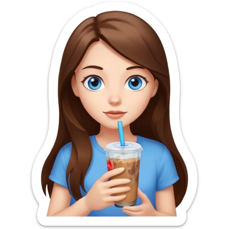 a girl with blue eyes and long brown hair holding an iced coffee in her hand sticker