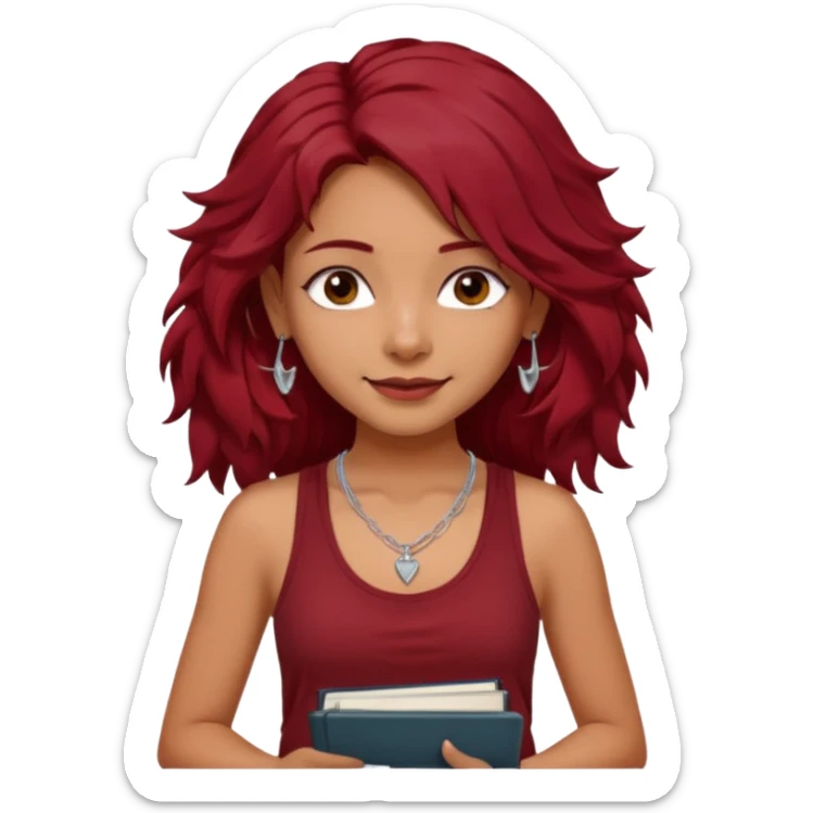 a pretty tan indian bratz girl with messy dark wavyred hair, wearing a dark red tank top, layered silver necklaces. Carrying multiple sketchbooks and pens sticker