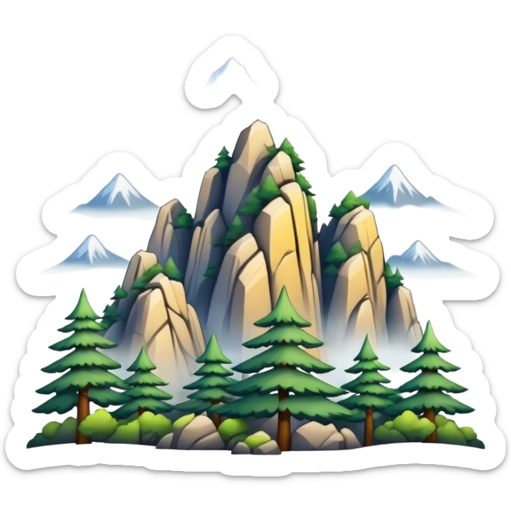 Yellow Mountain Huangshan misty peaks, simplified emoji style with bold outlines and bright colors, cartoon style mountain peaks with pine trees sticker