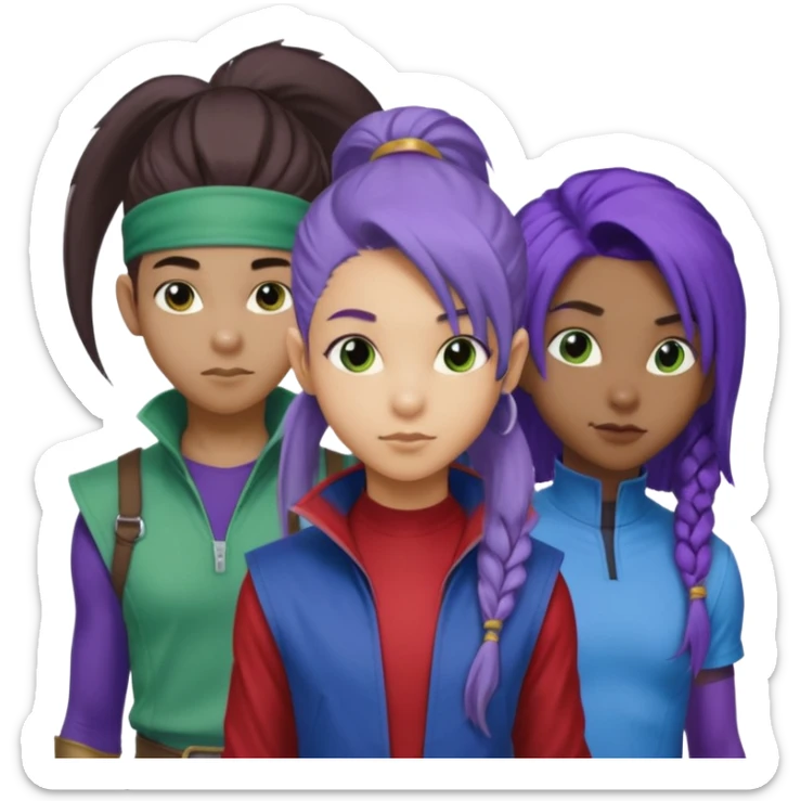 Solo poly platonic relationship, one African girl, one Asian boy, one biracial features Asian tomboy girl rat-tail hair long and upper masculine hair 90s, vampire and marvel cosplay elements inspired  use marvel race, like instead of obvious human, green purple blue etc,  sticker